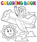 Coloring book pilot in retro airplane