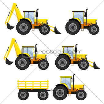 Set of vehicles and tractors.