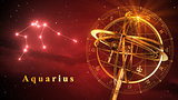 Armillary Sphere And Constellation Aquarius Over Red Background