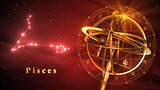 Armillary Sphere And Constellation Pisces Over Red Background