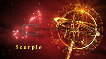 Armillary Sphere And Constellation Scorpio Over Red Background