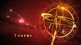 Armillary Sphere And Constellation Taurus Over Red Background