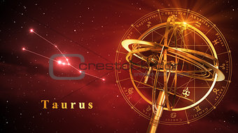 Armillary Sphere And Constellation Taurus Over Red Background