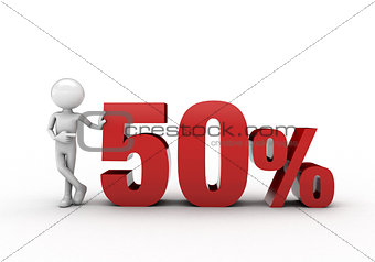 3D character with 50% discount sign