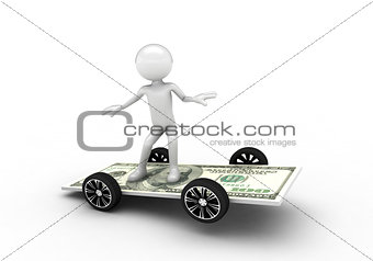 3D character riding on $100 bill