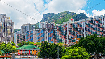 hong kong public estate with landmark lion rock