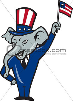 Republican Mascot Elephant Waving US Flag Cartoon