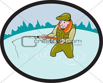 Fly Fisherman Casting Fly Rod Oval Cartoon