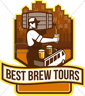 Bartender Pouring Beer Keg Cityscape Crest Retro