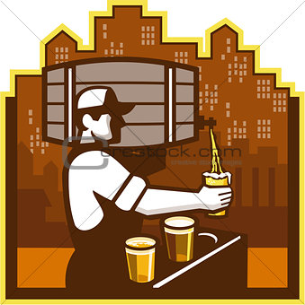 Bartender Pouring Beer Keg Cityscape Retro