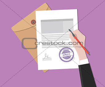 trusted service concept with hand signing a paper document