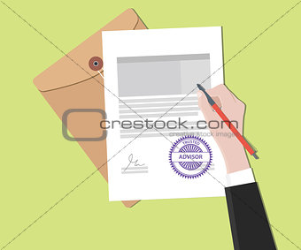 trusted advisor concept with hand signing a paper document