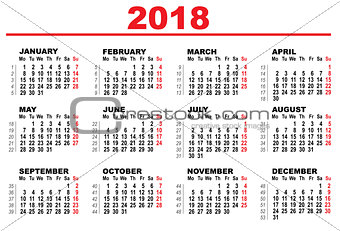 Grid calendar for 2018