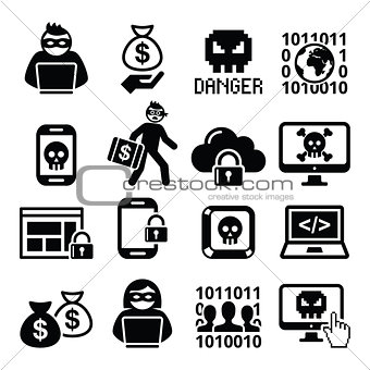 Hacker, cyber attack, cyber crime icons set