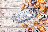 Delicious holiday baking background with ingredients and utensils