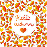 autumn seamless pattern with hand written lettering HELLO AUTUMN inside leaves background