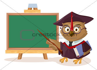 Owl teacher with book and pointer stands near blackboard