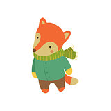 Fox In Green Warm Coat Childish Illustration