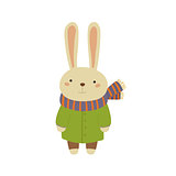 Rabbit In Green Warm Coat Childish Illustration
