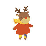 Girl Deer In Red Warm Coat Childish Illustration