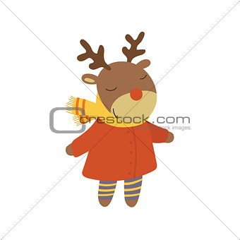 Girl Deer In Red Warm Coat Childish Illustration