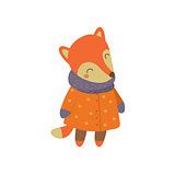Girl Fox In Orange Warm Coat Childish Illustration