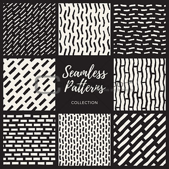 Set of Eight Vector Seamless Hand Drawn Lines Patterns Collection