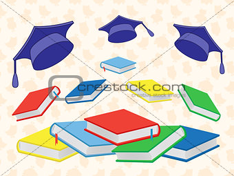 Books and mortar boards on the seamless background