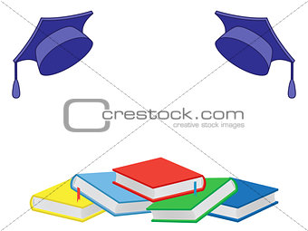 Books and mortar boards on the white background