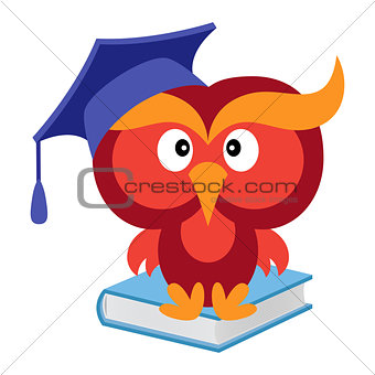 Big funny wise owl sitting on the blue book
