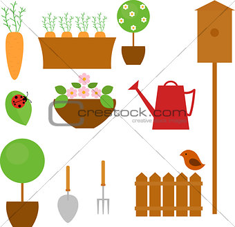 Gardening icon set with carrot, tree, flower and shovel