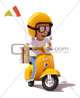 Vector realistic retro pizza delivery scooter and pizza courier driver icon