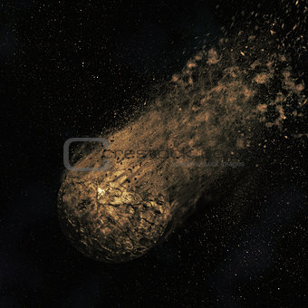 3D asteroid flying through a night sky
