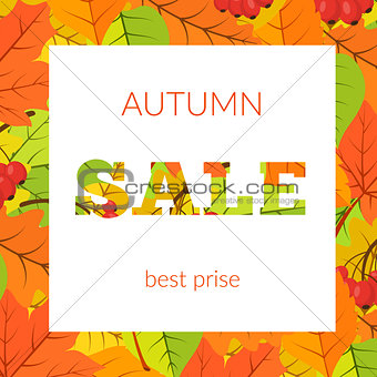 Colorful autumn leaves and sale text.