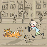 Boy with phone running for cat