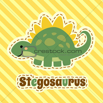 Cute cartoon smiling stegosaurus on striped yellow background. Art vector illustration.