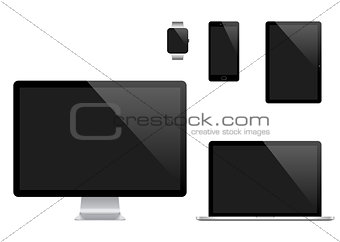 Vector set of Modern Digital devices. Computer monitor, laptop, tablet pc, mobile phone and smart watch