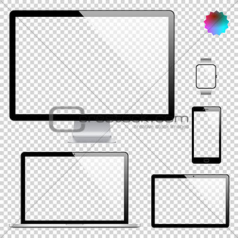 Set of realistic display, laptop, tablet computer, mobile phone, smart watch template on transparent background