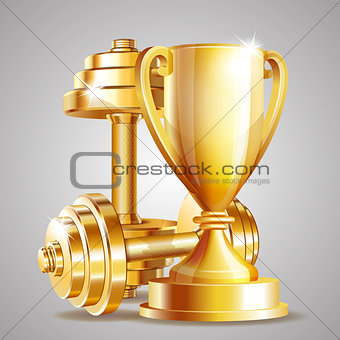 Gold cup with golden realistic dumbbells.
