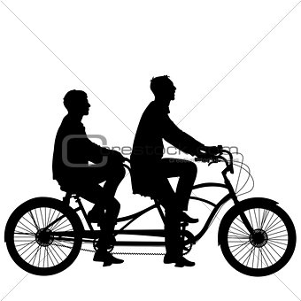 Silhouette of two athletes on tandem bicycle.