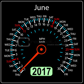 year 2017 calendar speedometer car in vector. June
