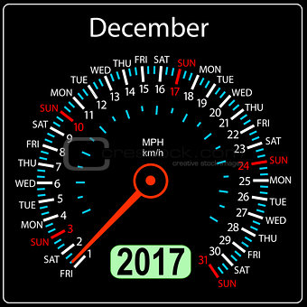year2017 calendar speedometer car in vector. December
