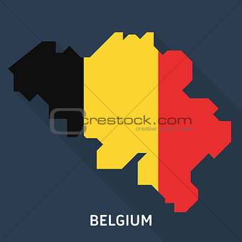 Country shape outlined and filled with the flag of Belgium isolated on blue background