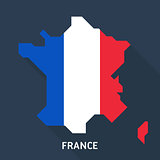 Map and flag of France isolated on blue background with long shadow.