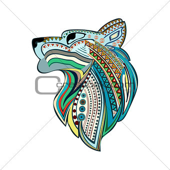 Vintage wolf head with colorful ethnic ornament.