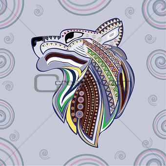Vintage wolf head ethnic color pattern hand draw.