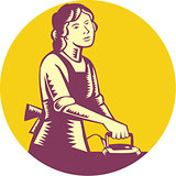 Housewife Ironing Circle Woodcut