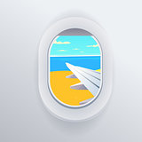 View from airplane. Window plane. Vacation destinations. Summer holiday. Tropical beach. Morning. Flat web vector illustration