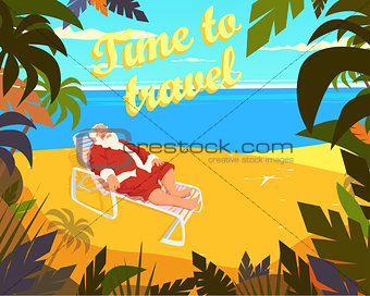 Tropical beach, sun, summer, santa claus, holiday, time to travel. Vector illustration