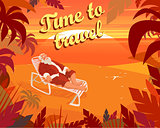 Sunset on a tropical beach, summer, santa claus, holiday, time to travel. Vector illustration